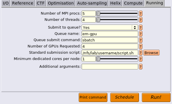 RELION Running tab set up to submit to Slurm